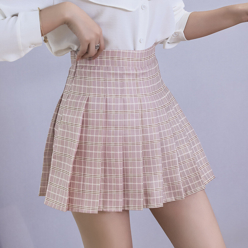 여름 여성 스커트 2020 새로운 한국어 높은 허리 격자 무늬 짧은 미니 스커트 소녀를위한 학교 스타일 지퍼와 섹시한 귀여운 Pleated 치마