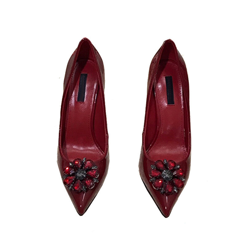 Chaussures de luxe en cuir verni à talons hauts pour femmes, chaussures à bout pointu et à bouche peu profonde, avec strass en cristal, 34-42S