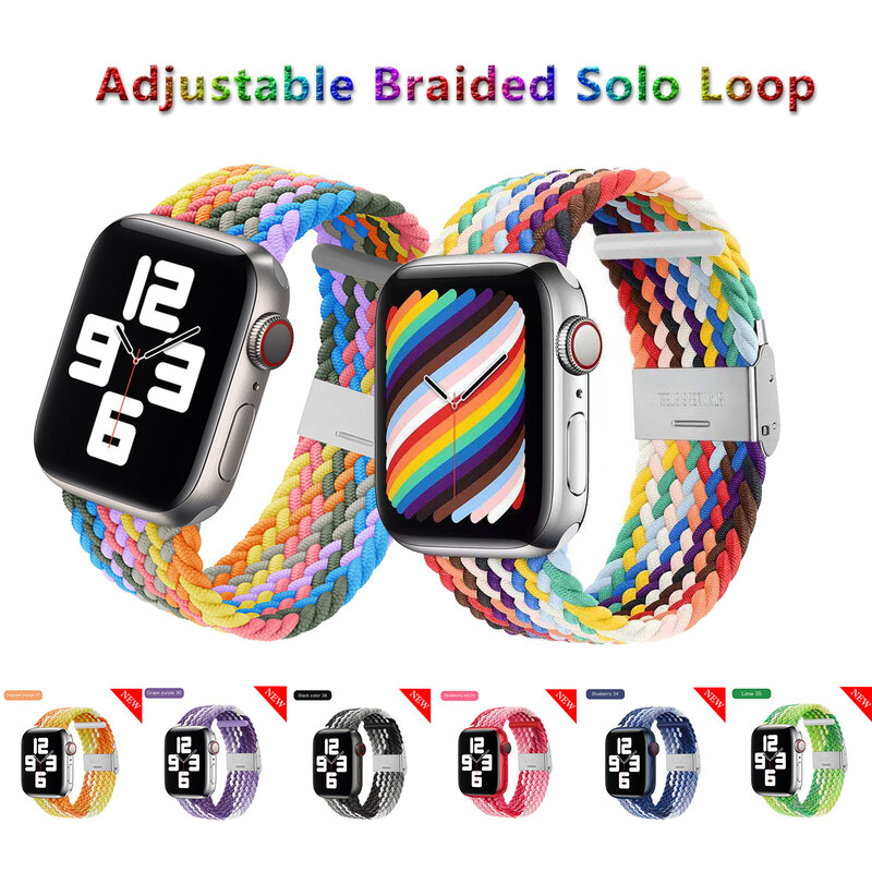 ปรับไนลอนสำหรับ Apple Watch Band 6 SE 44มม.40มม.38มม.42มม.Solo Loop เข็มขัดสำหรับยืด Iwatch-Band