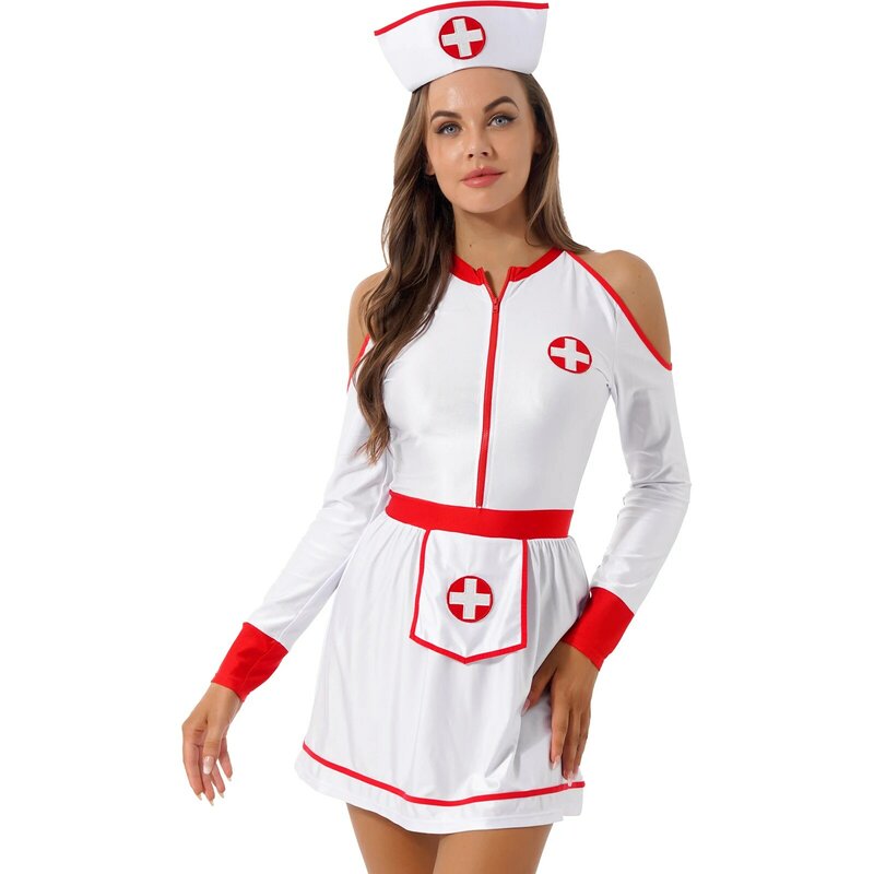 여자 섹시한 간호사 드레스 역할 놀이 의상 할로윈 코스프레 의상 콜드 숄더 크루 넥 긴 소매 지퍼 드레스와 모자