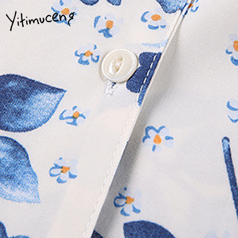 Yitimuceng Floral Print Bluse Frauen Taste Up Shirts Puff Hülse Drehen-unten Kragen Gerade 2021 Sommer Koreanische Mode Neue tops