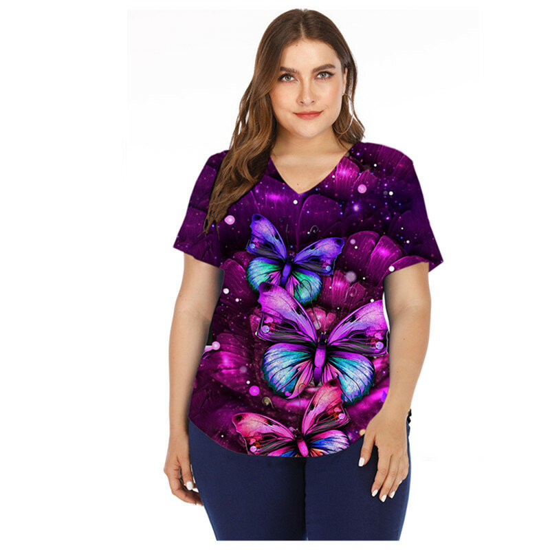 Camiseta con estampado de mariposa 3D para mujer, Tops de gran tamaño, camisetas informales de manga corta con cuello en V, Camiseta holgada de talla grande 3XL 2022