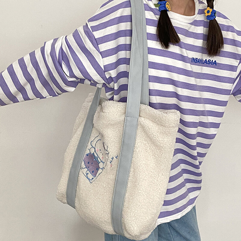 Bolso de mano de lana de cordero para mujer, bolsa de hombro informal de gran capacidad con bordado de dibujos animados, bolso de compras grande, de invierno, 2021