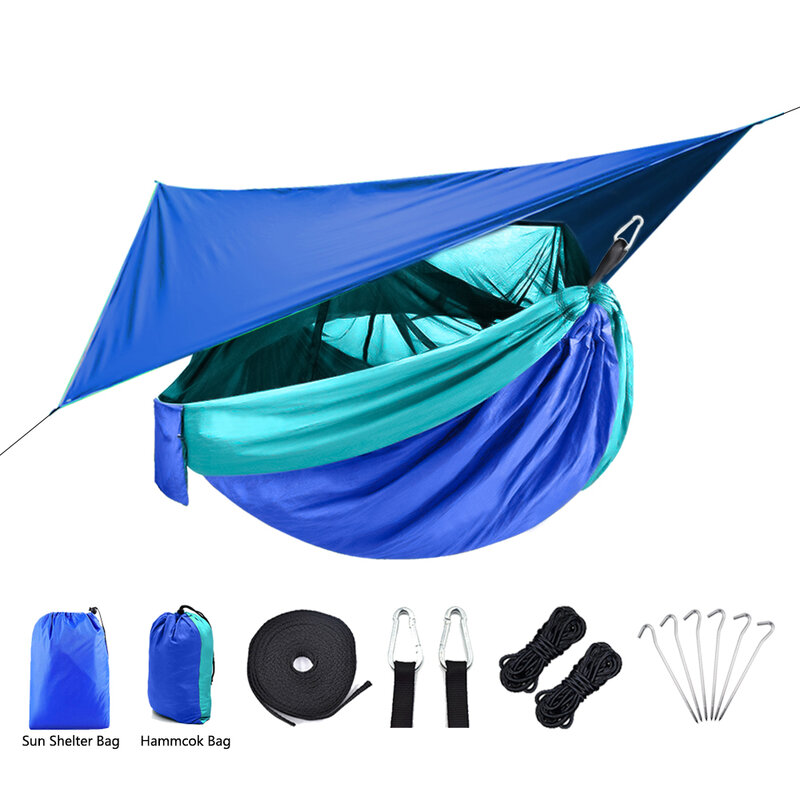 Lichtgewicht Draagbare Camping Hangmat En Tent Luifel Regen Vliegen Tarp Waterdichte Klamboe Hangmat Luifel 210T Nylon Hangmatten