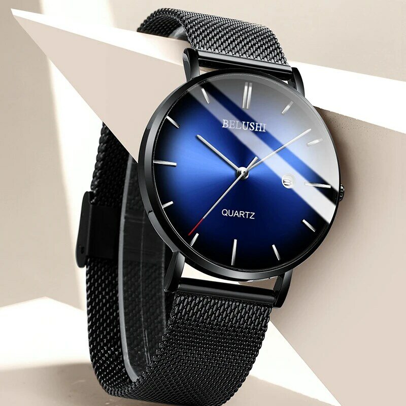 Relógio de pulso ultrafino quartzo para homens, relógio de marca famosa de luxo e esportivo, à prova d'água, malha de aço, relógio analógico