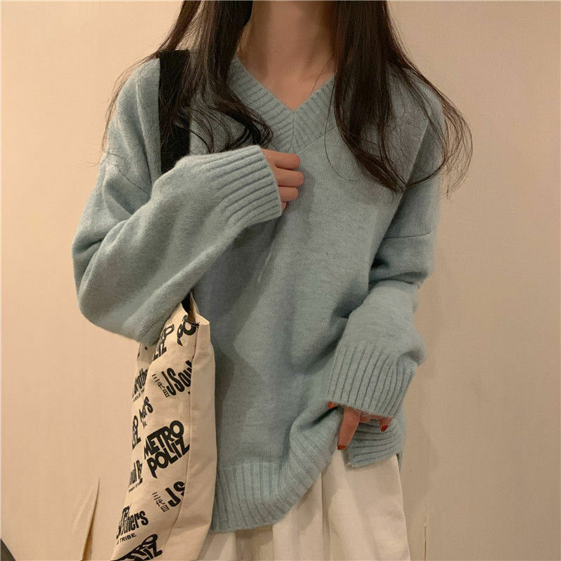 Cuello en V suéteres de las mujeres suéter de punto de diario BF femenino dulce clásico básico Simple Ulzzang La Universidad suave manga larga suéter 17540