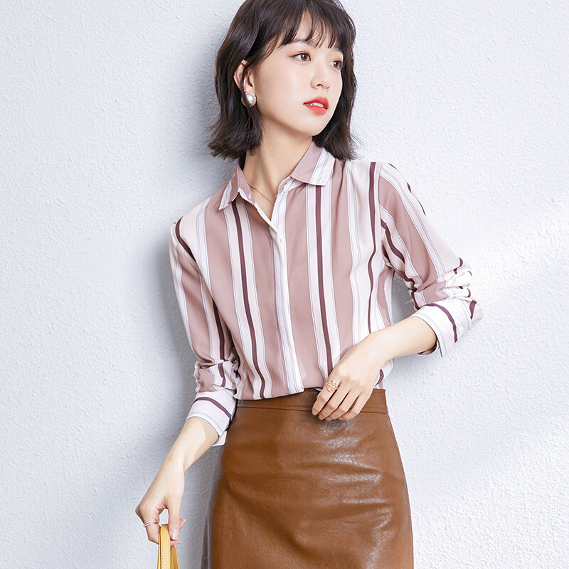 Autumn Women Striped Blouses Shirts Office Lady Lapel Shirt Tops blusas mujer de moda 2021