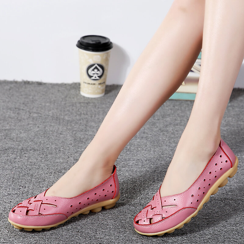 Cut Outs Summer Women's Casual Shoes Genuine Leather Woman Flats Slip On Female Loafers Lady Boat Shoe Big Size 35-44