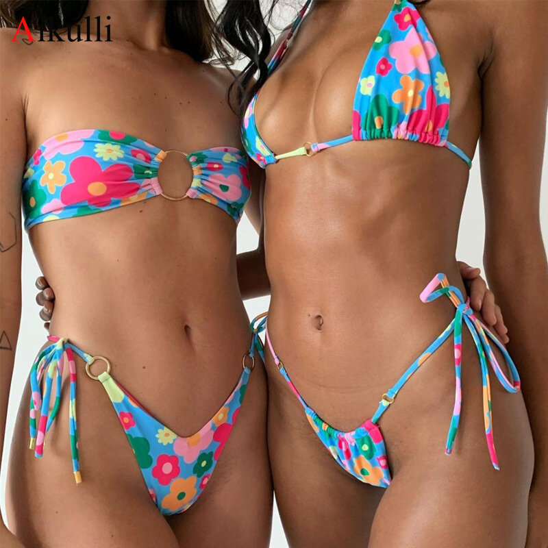 Bikinis con estampado Floral para mujer, traje de baño con estampado Floral, Bikini con Push-Up, conjunto de Bikini Sexy con Tanga para playa y verano, 2021