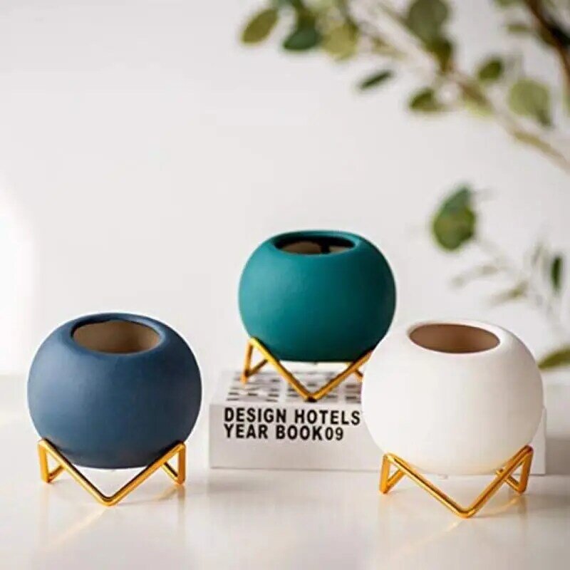 Small Ceramic Flower Pots And Planters with Gold Metal Stand 4 inch Coloful Cactus Succulents Potted Indoor Planter Pot Gift