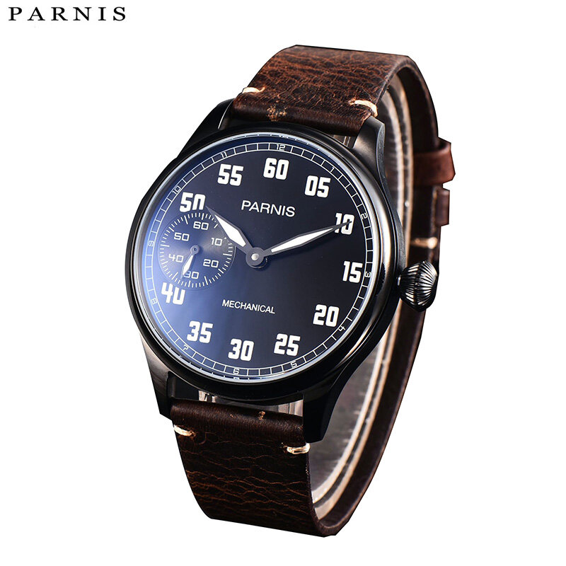 Casual Parnis 44mm Schwarz Fall Mechanische Handaufzug Männer Uhr Braun Lederband 17 Juwelen Armbanduhr 2021 Top Luxus marke