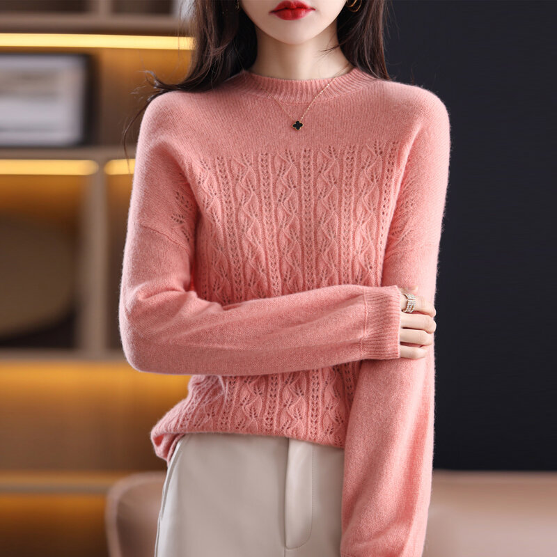 여자의 둥근 목 캐시미어 스웨터 패션 가을과 겨울 느슨한 자카드 야생 얇은 풀오버 순수 양모 스웨터 니트 바닥