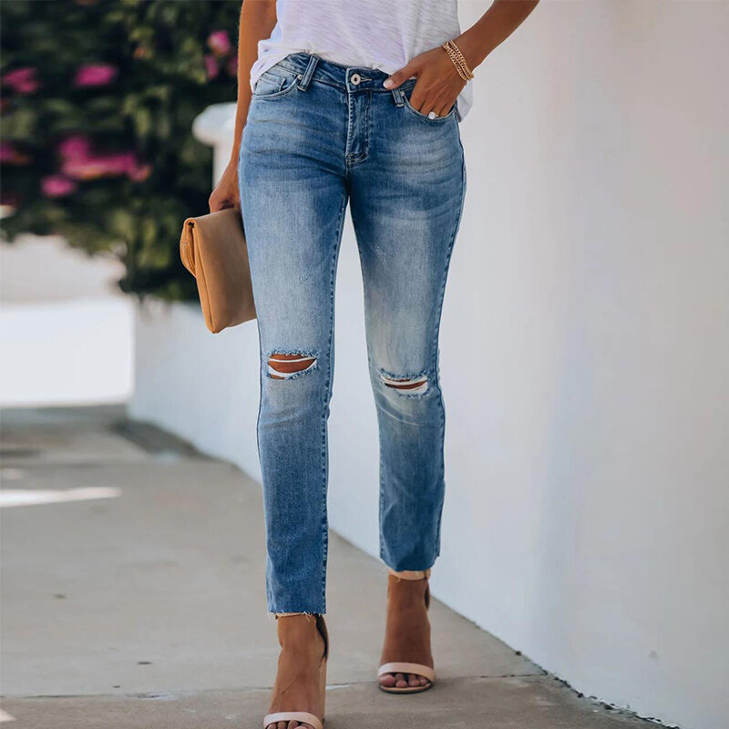 DIFIUPAI pantaloni da donna Streetwear Jeans Skinny strappati vita media Comfort Casual Denim Mom Denim Long Vintage High Stretch