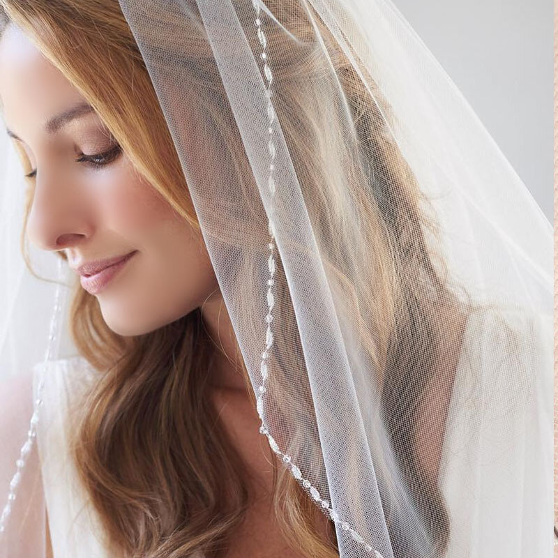 Véu de casamento elegante com contas, véu de noiva com borda de cristal, uma camada, curto, com pente