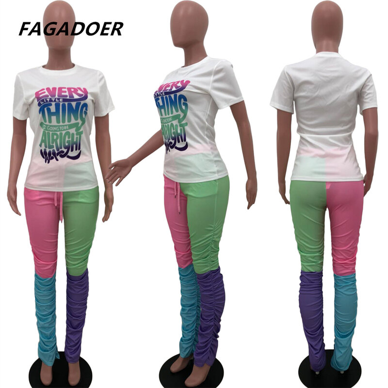 Fagadoer 넥타이 염료 두 조각 세트 패션 편지 인쇄 짧은 소매 탑 + 컬러 쌓인 레깅스 바지 매칭 세트 2021 Streetwear