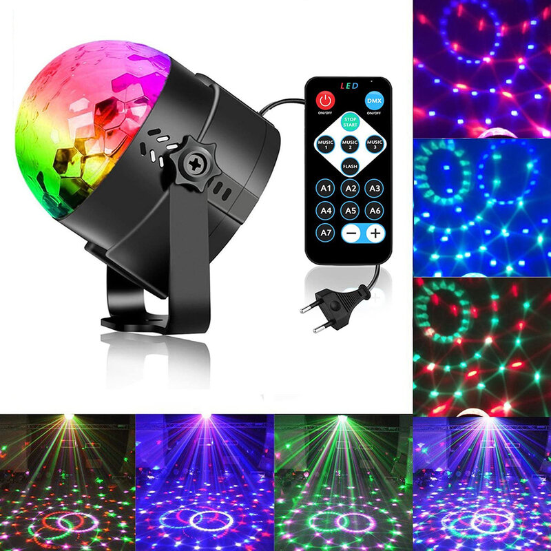 RGB Disco Ball DJ Party Lights proiettore Laser rotante attivato dal suono stroboscopico lampeggiante lampada da palcoscenico a Led per Christmas Club Bar