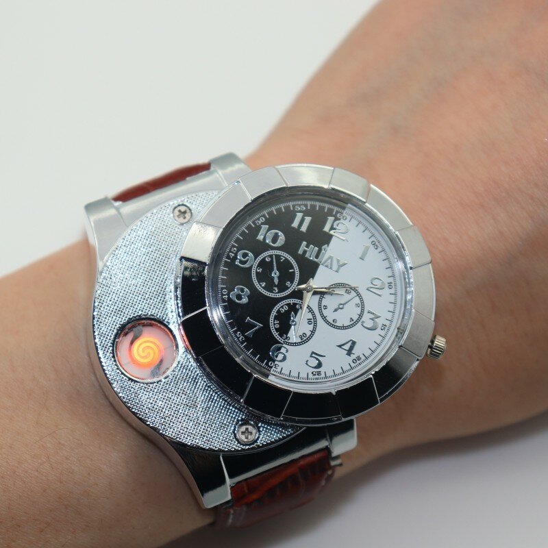Accendisigari orologio da uomo USB ricaricabile orologi Casual da uomo al quarzo orologi da polso in pelle senza fiamma orologio più leggero F667 1 pz