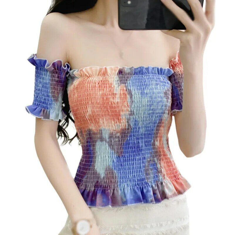Блузка женская с воротником-лодочкой, модный пикантный топ с открытым пупком и коротким рукавом, в Корейском стиле, лето