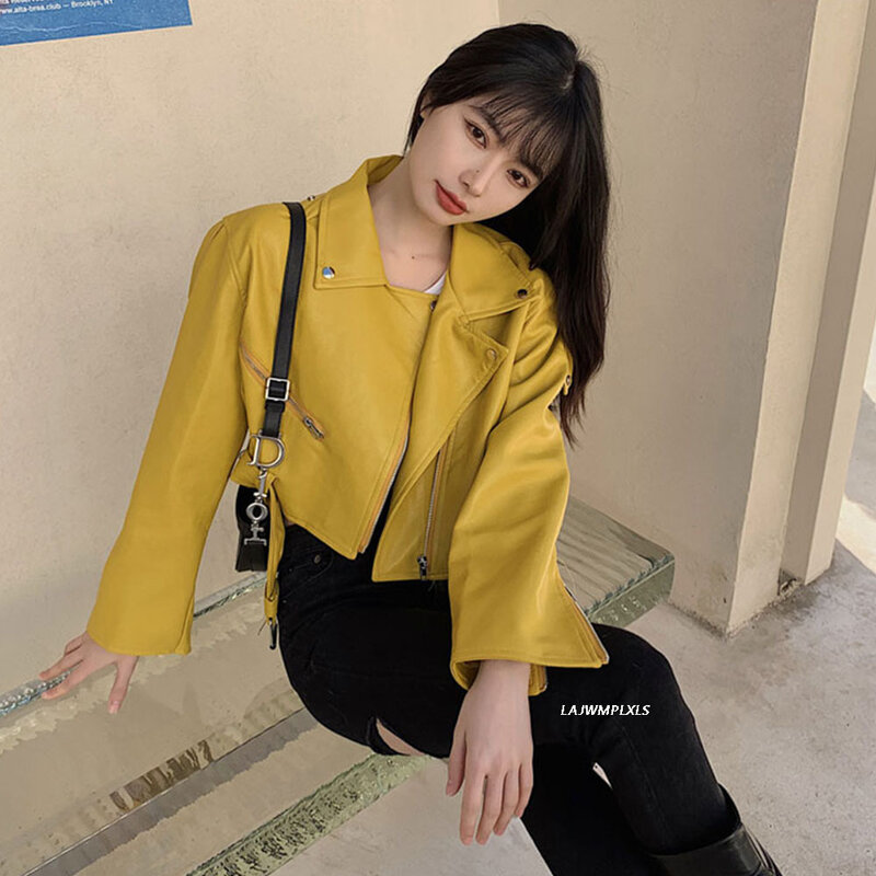 Blouson en cuir femme jaune, de haute qualité, court en similicuir, Streetwear printemps 2021