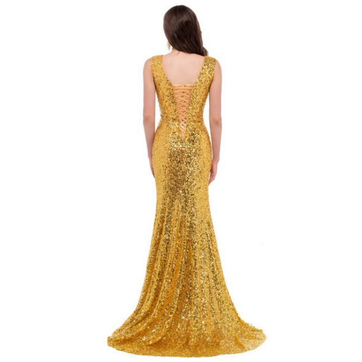 Złote cekinowe suknie wieczorowe 2020 Mermaid Sweep Train sznurowane dekolt w serek bez rękawów dostosowane seksowne sukienki na imprezę"