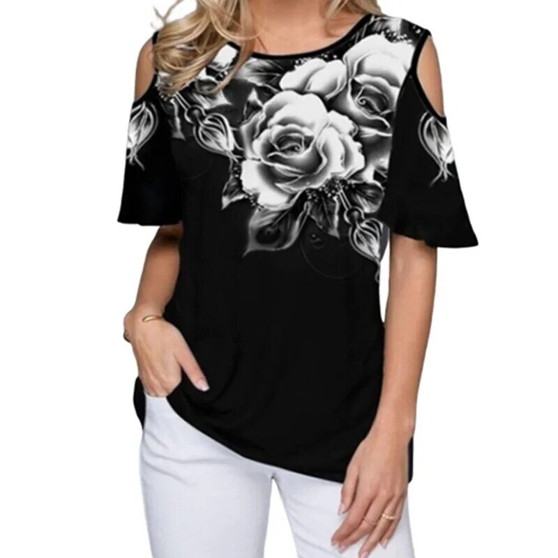 5XL 대형 섹시한 오프 숄더 여성 티셔츠, 새로운 여름 느슨한 여성 티셔츠 꽃 프린트 플러스 사이즈 여성 티셔츠 탑스 2020