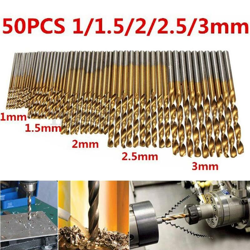 Brocas recubiertas de titanio HSS, juego de brocas de acero de alta velocidad, herramientas eléctricas de alta calidad, 1/1, 5/2/2, 5/3mm, 50 unidades