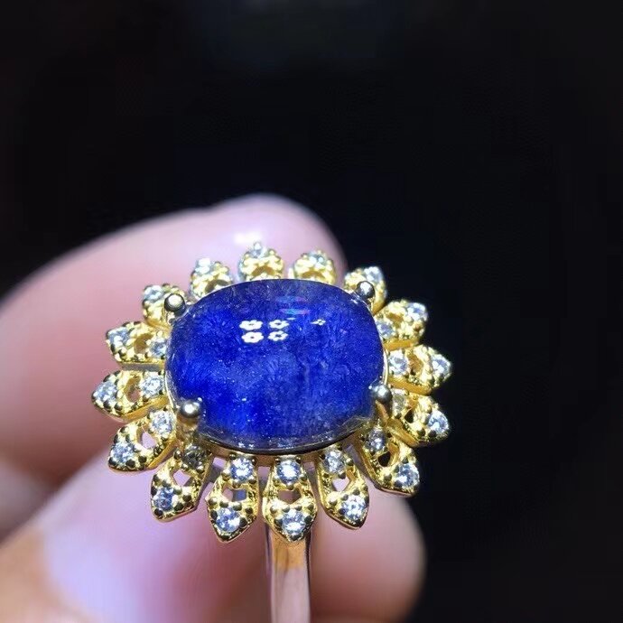 Natural Blue Dumortierite Rutilated Quartz Adjustable Ring 9.5/7.5mm Crystal Silver Woman Men Rectangle Jewelry AAAAA