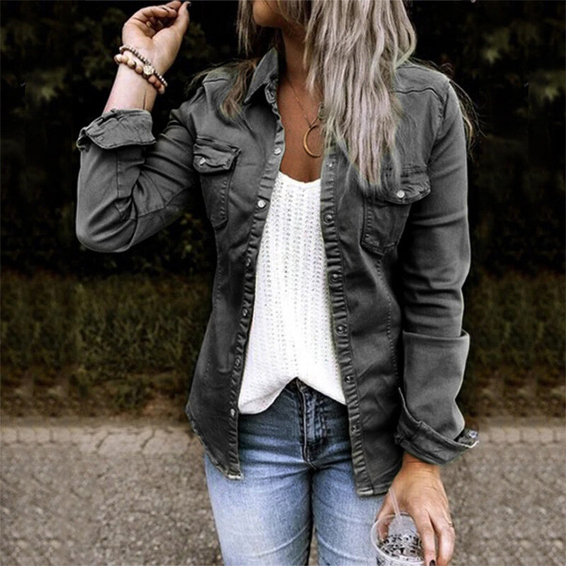 Single Breasted Denim Women Shirt Top Turn Down Collar Solid Slim Female Shirts Autumn 2021 Fashion New Ladies Casual Jeans Coat