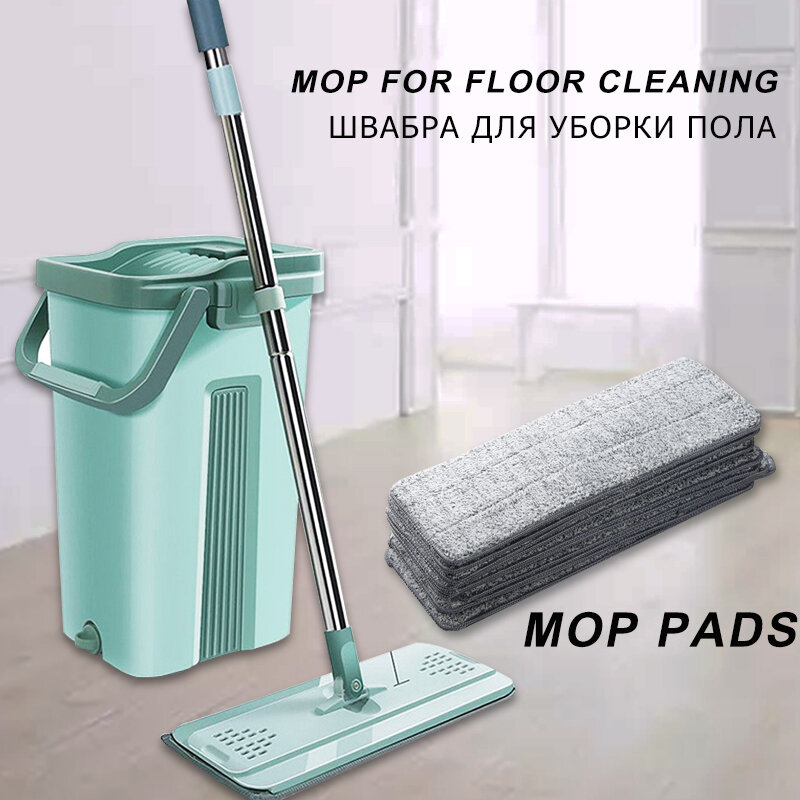อัตโนมัติSpin Mop Bucket FlatบีบมือฟรีWringing Magic Mopไมโครไฟเบอร์Mop Padsหน้าแรกห้องครัวทำความสะอาด