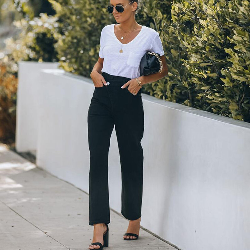 Pantalones Mujer Negro Cintura Irregular Diseño Personalidad 