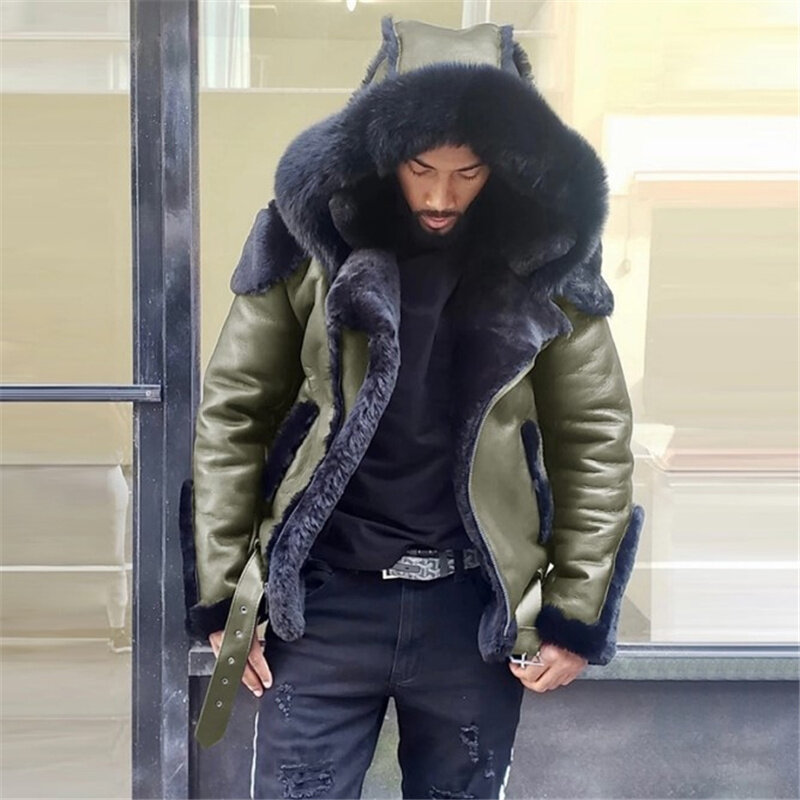 Chaqueta de piel sintética con capucha para hombre, abrigo cálido con cremallera, 5 colores, talla grande 5XL