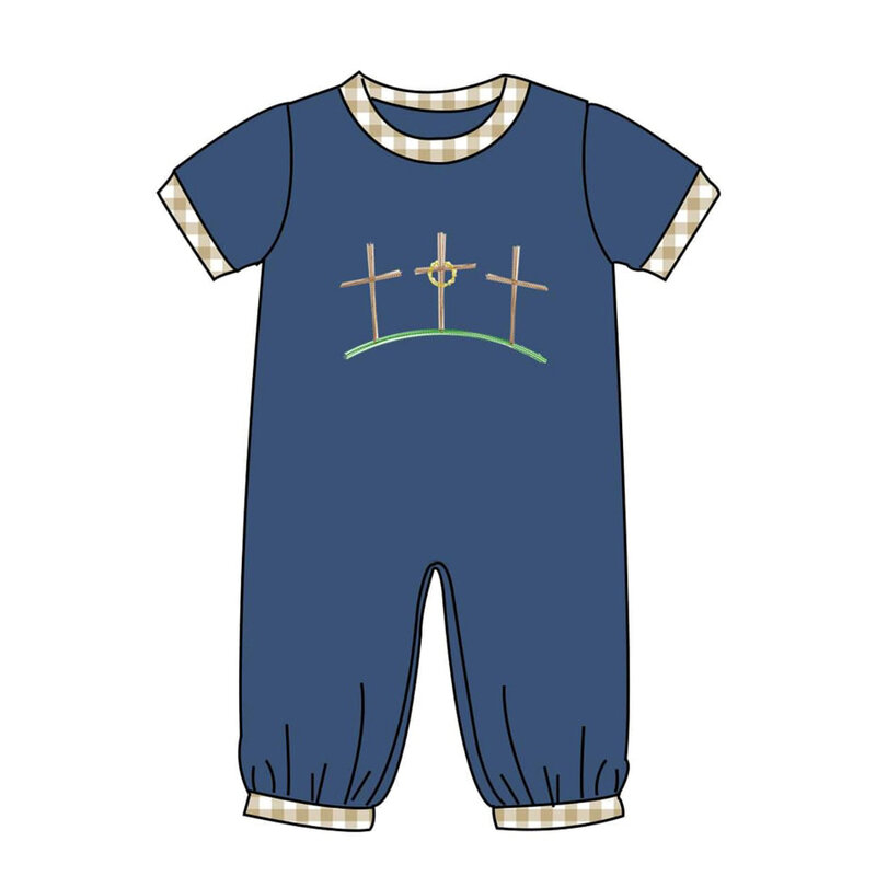 Summer Girls Clothes Navy Blue Short Sleeve Top And Brown Plaid Trousers Easter Three Cross Embroidery Toddler Girl Outfits
