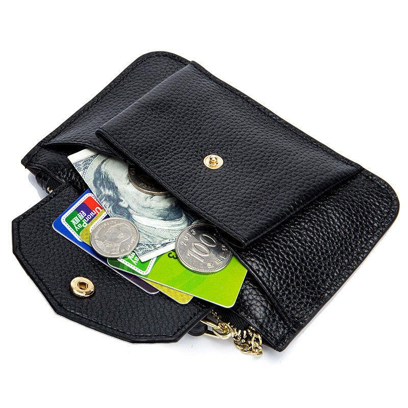 Mini bolsa de moeda feminina, bolsa de couro genuíno da moda, primeira camada de couro de vaca, com suporte para cartão, carteira pequena com zíper