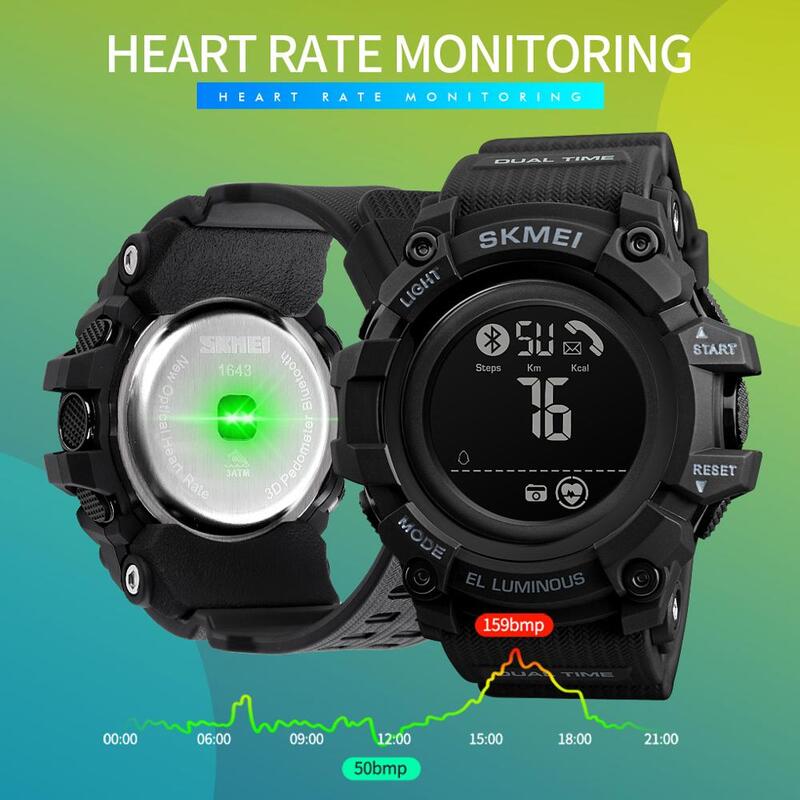 SKMEI-reloj Digital para hombre, pulsera con Monitor de ritmo cardíaco y calorías, resistente al agua, LED, hora, con batería, 1643