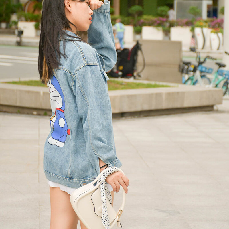 Moda marea donna autunno Denim giacche Kpop Ins stampa Cartoon manica lunga tasca bavero Jean cappotti Mujer Harajuku Streetwear