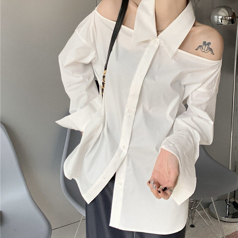 Camisas blancas con cuello Halter para mujer, blusas de manga larga de nuevo diseño, Tops franceses con hombros descubiertos para primavera y otoño