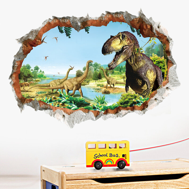Adesivi murali dinosauro 3d effetto parete sgualcato decorazioni per la casa camera dei bambini rimovibile adesivi murali dino