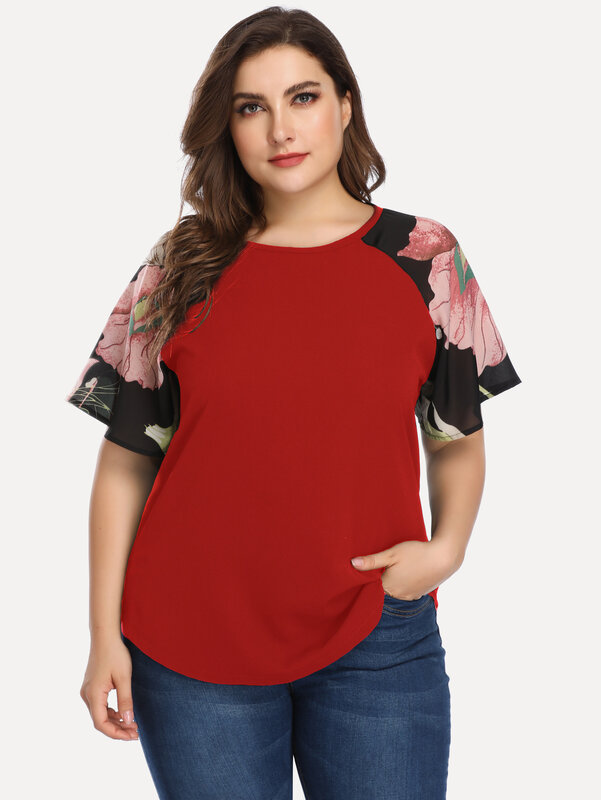 Sclonger-Camiseta de talla grande para mujer, blusa holgada de cuello redondo con estampado de poliéster y costuras, para verano