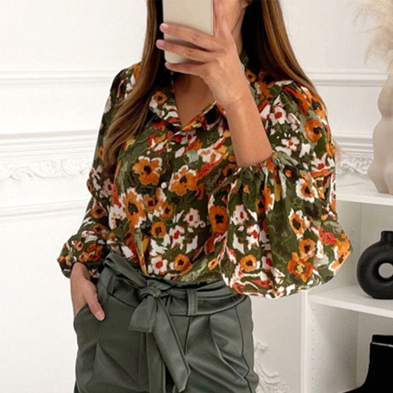 Women Floral Printed Shirt Autumn Single Breasted Long Puff Sleeve Blouses Casual Flower Shirts Lady Office Loose Chic Tops 2021