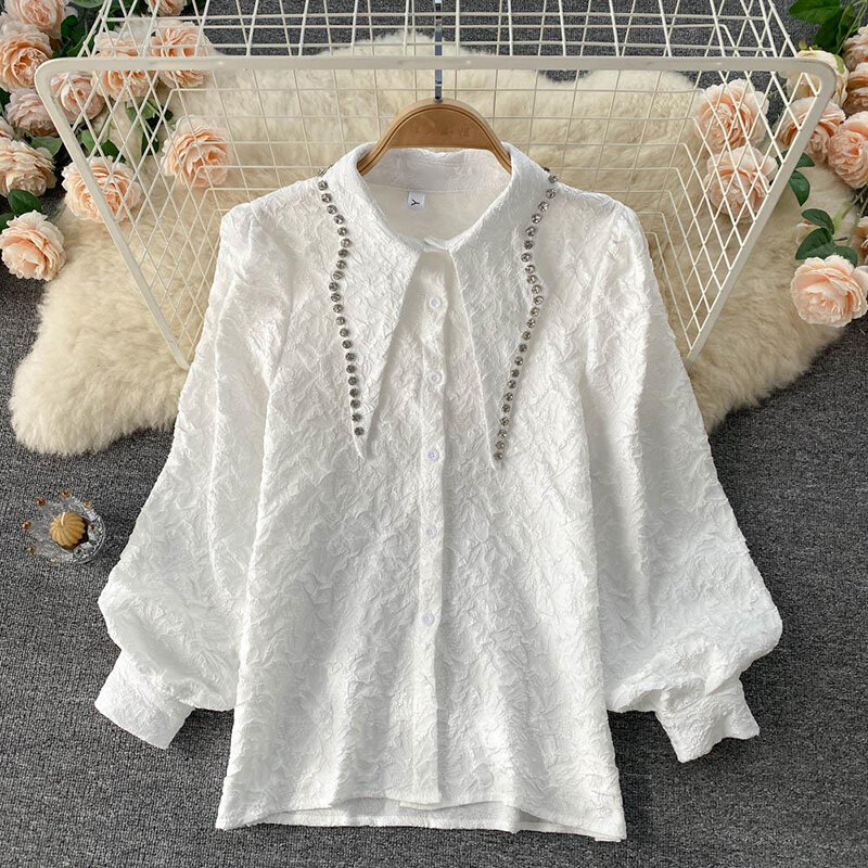 2022 Lente Nieuwe Jacquard Witte Shirts Vrouwen Vintage Bubble Lange Mouwen Blouse Fashion Casual Diamond Revers Single-Breaste Tops