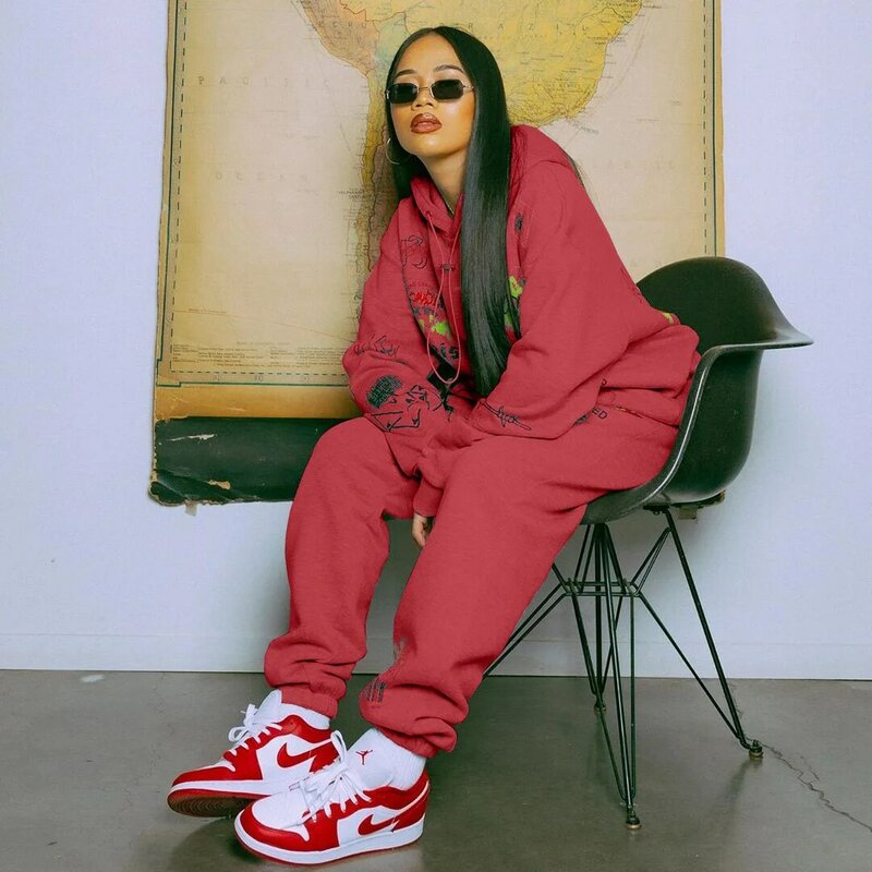 Plsw duas peças define feminino graffiti solto para roupas streetwear oversized hoodies moletom calças corredores senhoras conjunto de correspondência