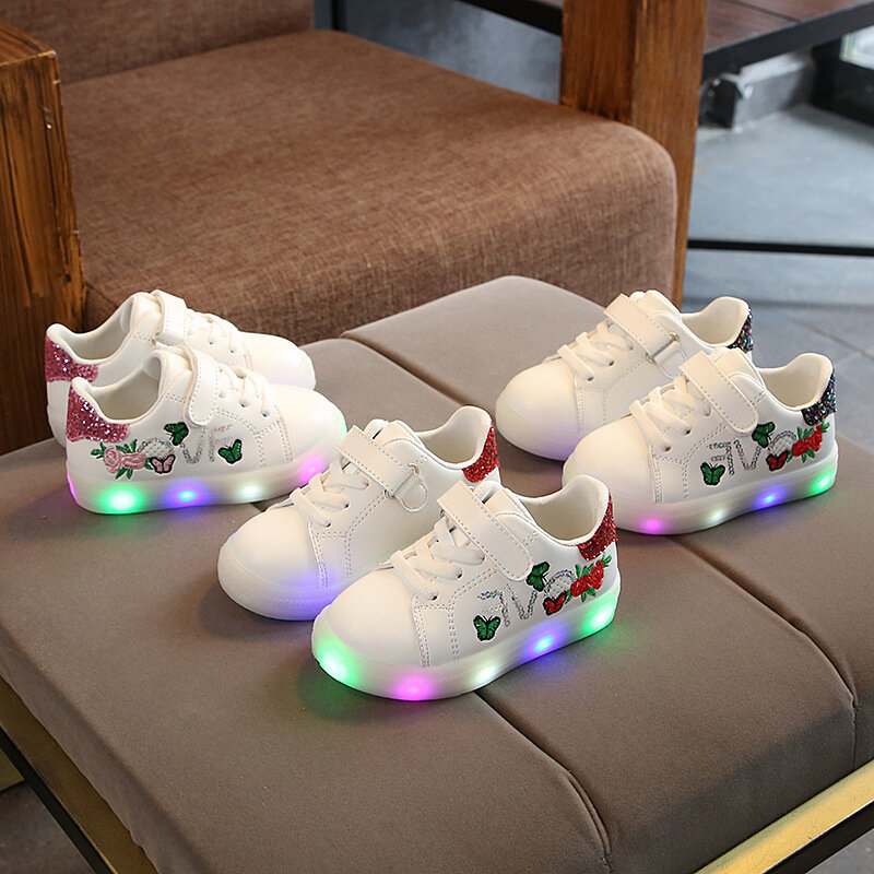 Obuwie dziecięce trampki dziecięce ze światłami dziewczęta jesienne na co dzień świecące buty sportowe dziecko kwiatów trampki z diodami led 1 2 3 4 5 6 lat