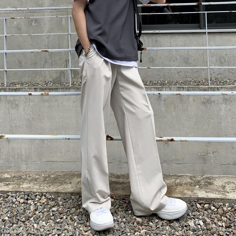 Celana Setelan Lebar Harajuku Celana Kasual Warna Solid Pria Celana Panjang Lurus Ala Jalanan Mode Korea Celana Blazer Pria