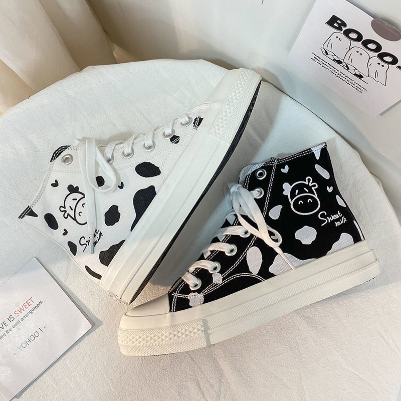 Korean Fashion Student Cartoon Cow Canvas Shoes Spring Autumn High-top Flat Student Sneaker Lace-up Casual Vulcanized Shoes