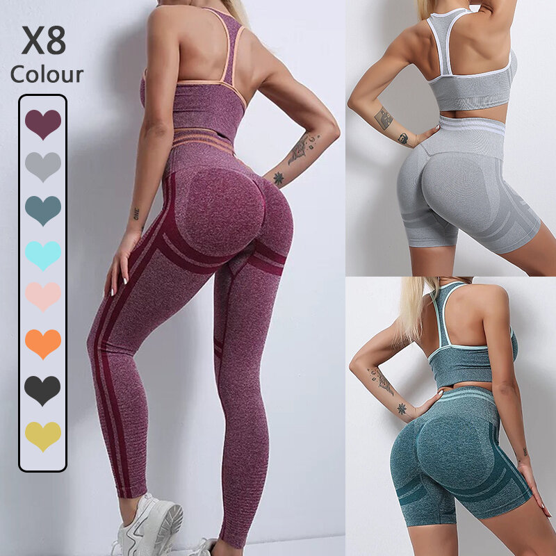 Conjunto de Yoga sin costuras para mujer, ropa deportiva, mallas de cintura alta, traje corto de Fitness, novedad de 2021
