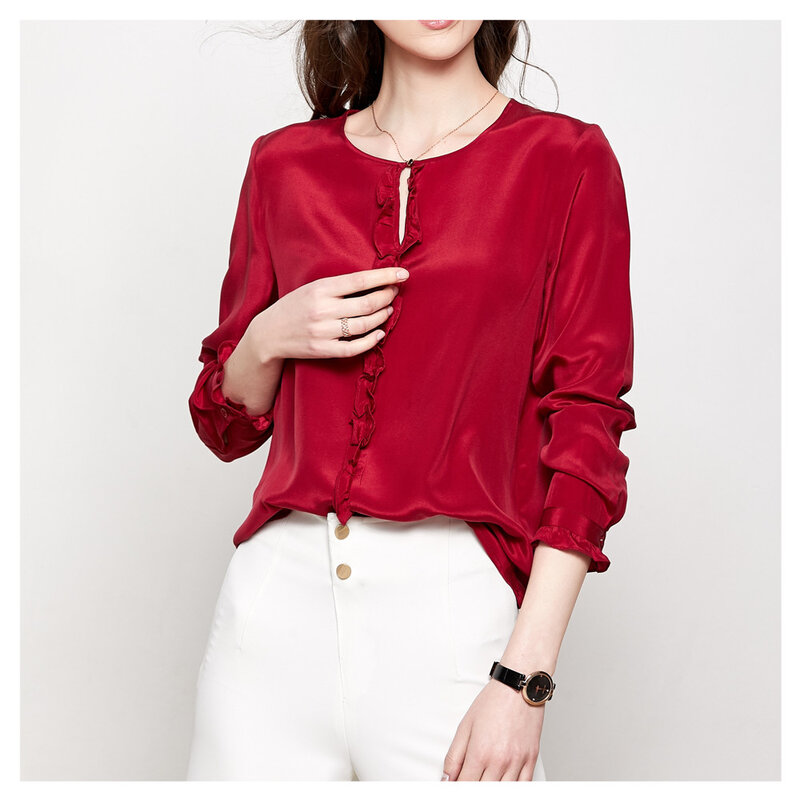 Camisa de seda feminina silicone, crepe de chinês, manga comprida, gola redonda, camiseta feminina de seda amoreira, primavera 2020