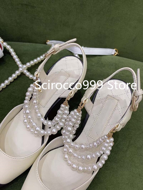2021Fashion Women's Slipper Baotou Sandals Female Spring Summer Autumn Thin Heel Beaded Shallow Mouth High Heels Party Shoe Pump
