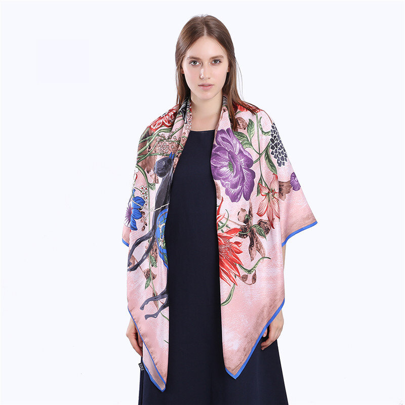 女性用シルクスカーフ,花柄の正方形のスカーフ,トレンディな,暖かいショール,ビーチ用,130x130cm