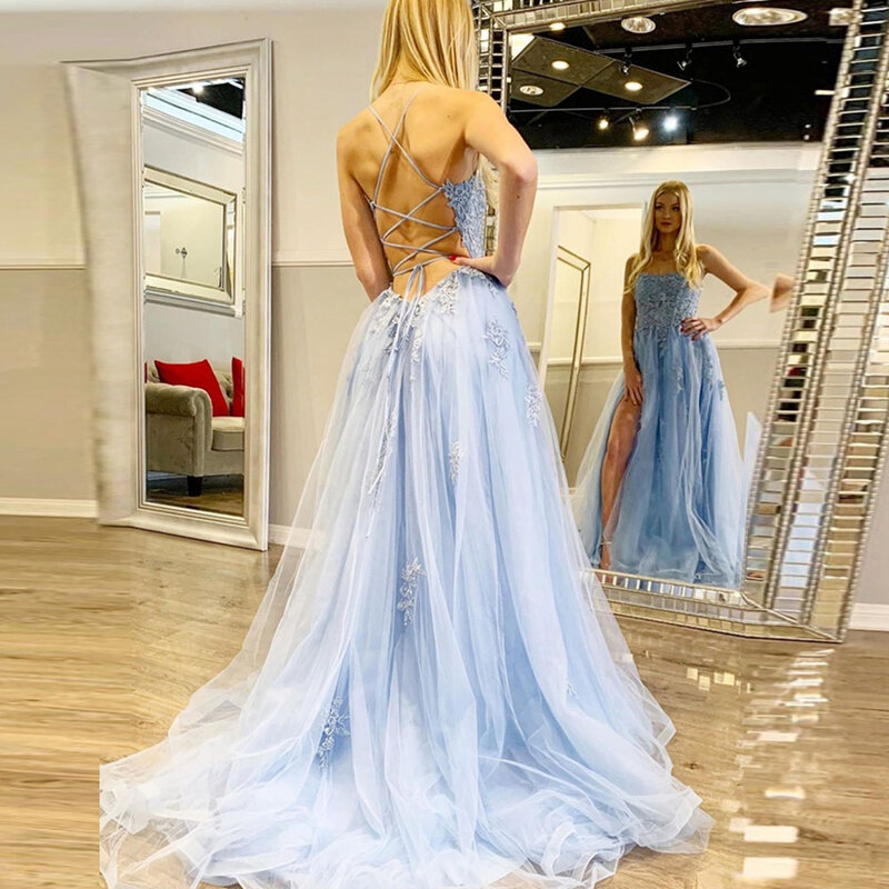 Spaghetti Strap Prom Dresses Kant Applicaties Tulle Formele Party Dress 2022 Kruis Bandjes Mouwloze A-lijn Zelfs Gown Custom Made