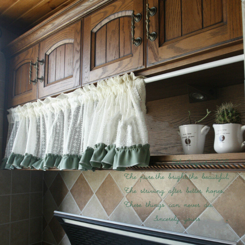 DUNXDECO-Cortinas de tul Vintage con raya de Flora, bordes verdes, cocina, decoración del hogar, medio Rideau